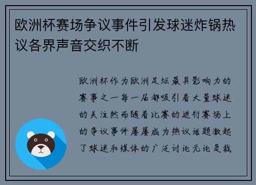 欧洲杯赛场争议事件引发球迷炸锅热议各界声音交织不断