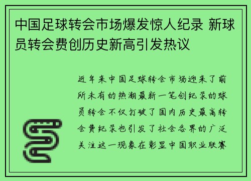 中国足球转会市场爆发惊人纪录 新球员转会费创历史新高引发热议